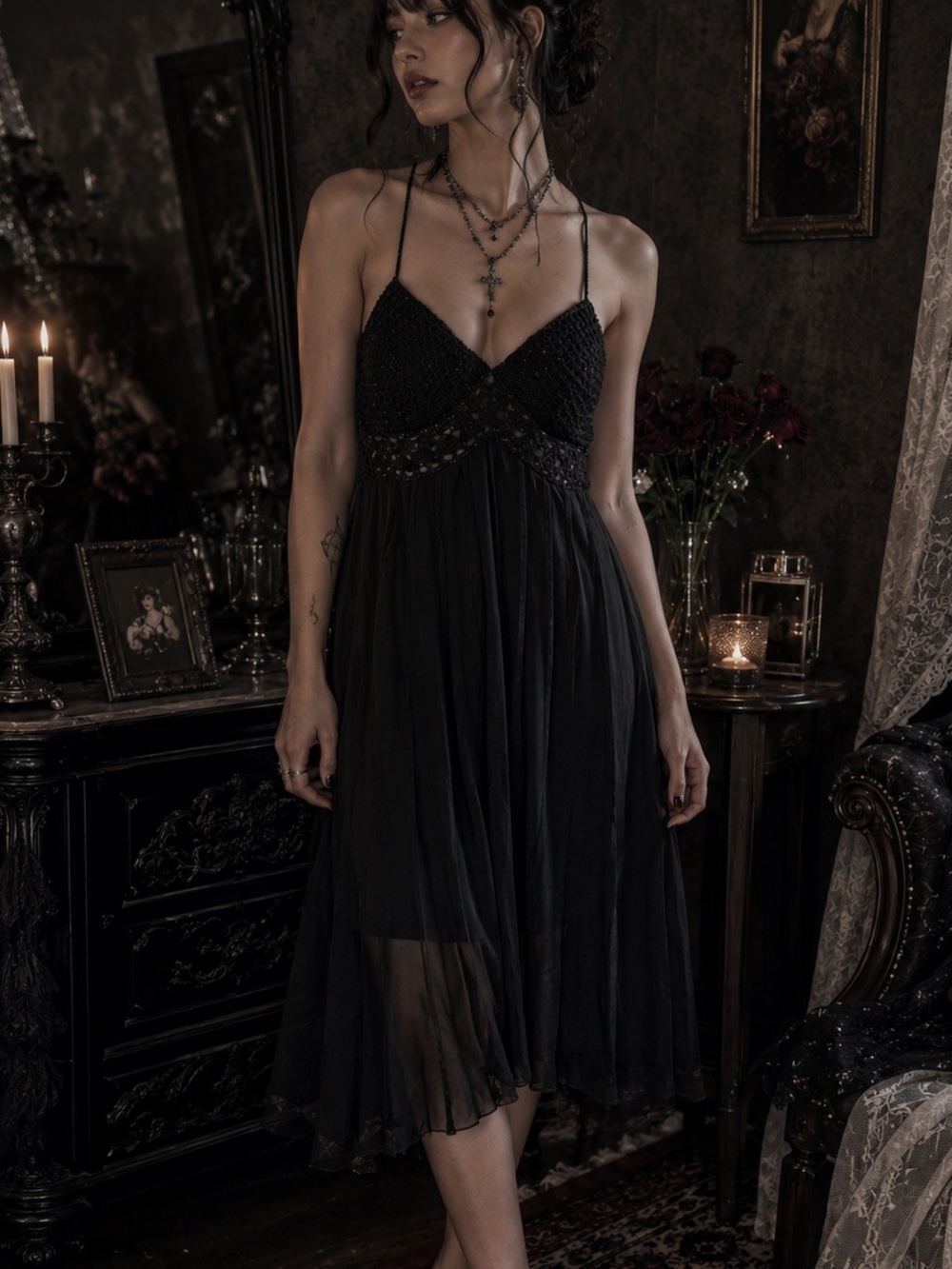 Vintage ICE Black Mesh Beaded Crochet Romantic Gothic Slip Dress Size 4
